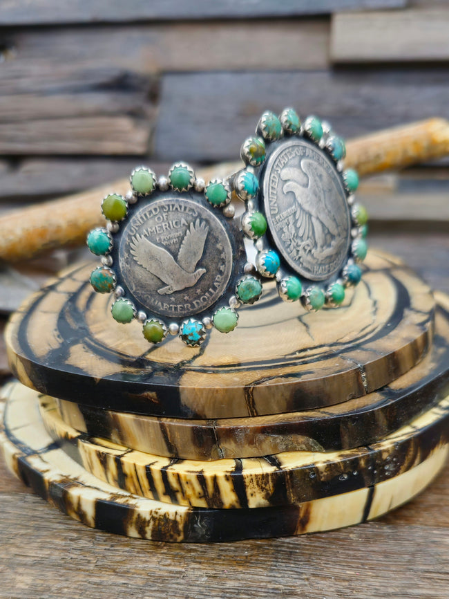Eagle Quarter and Half Dollar Coins Green Turquoise Cuff by L. Archuleta - 7 in.