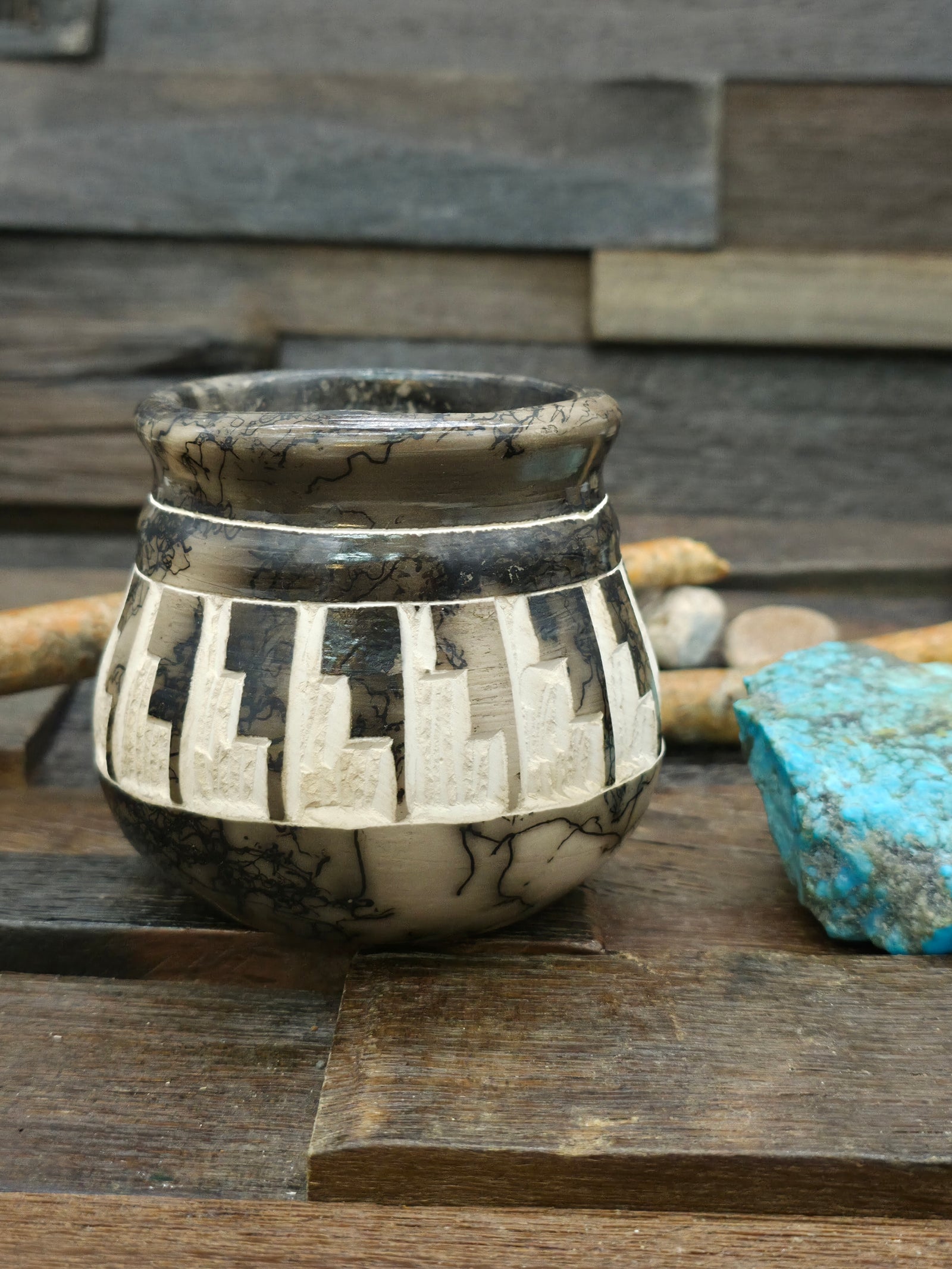 Navajo Horsehair Etched pot by Tom Vail Jr. - 3 1/2 in. by 3 1/2 in. by 3 1/2 in.