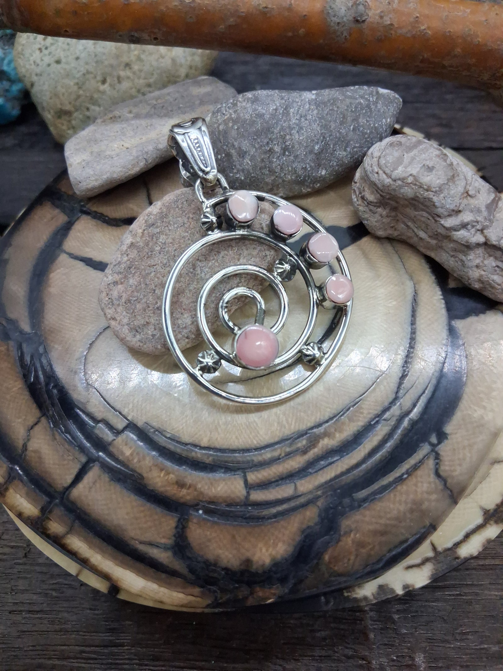 Pink Conch and Sterling Silver Swirl Pendant By David Lopez Navajo
