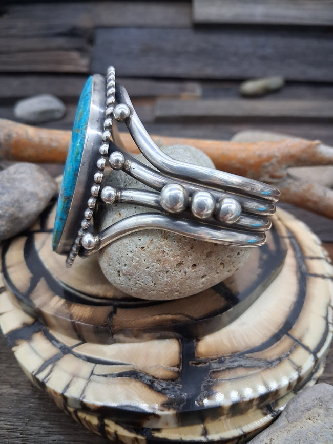 Large Blue Turquoise Sterling Silver Bracelet 7 1/4 inches w/gap