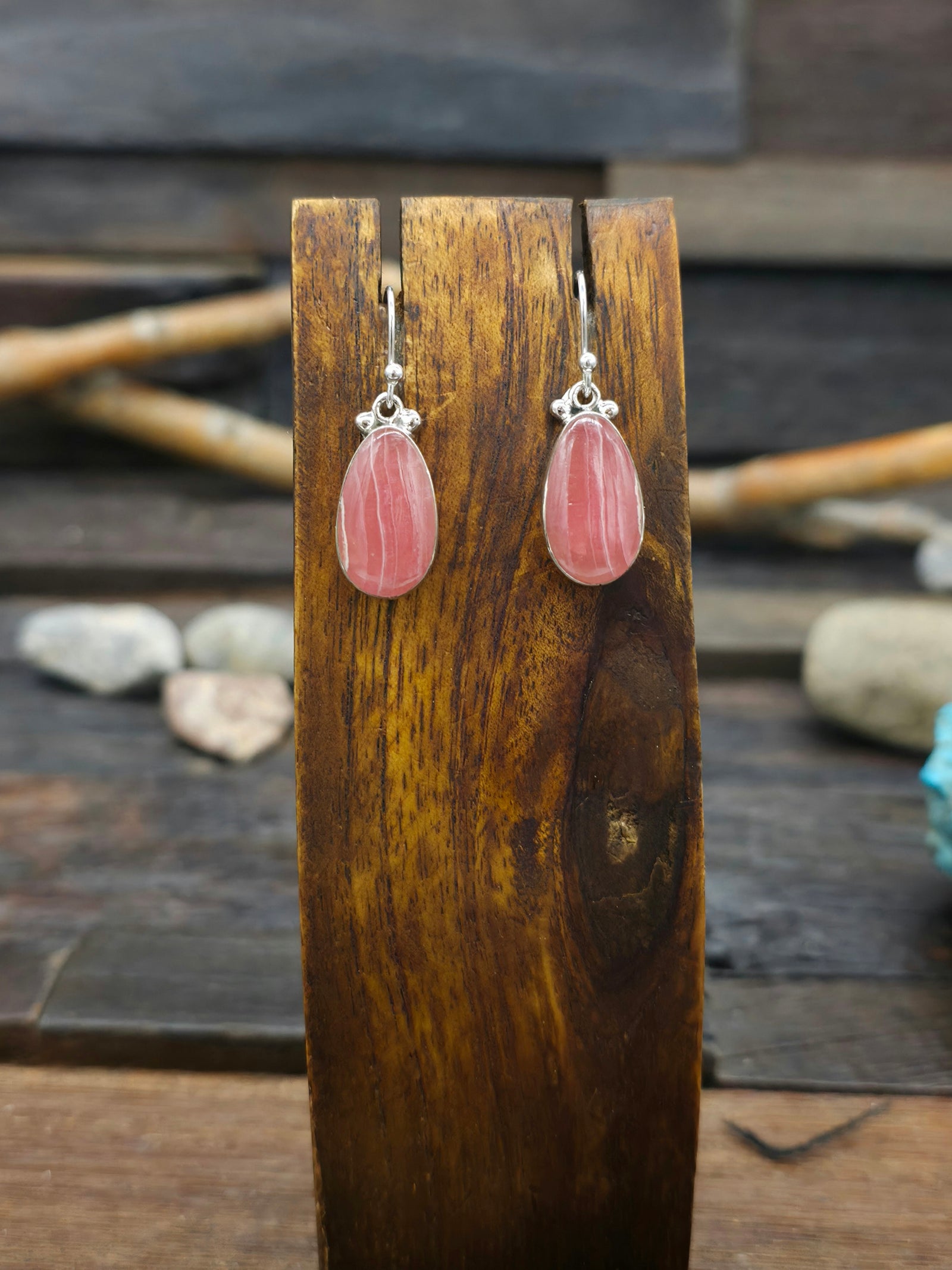 Rhodochrosite Sterling Silver Hook Earrings by Cathy Webster