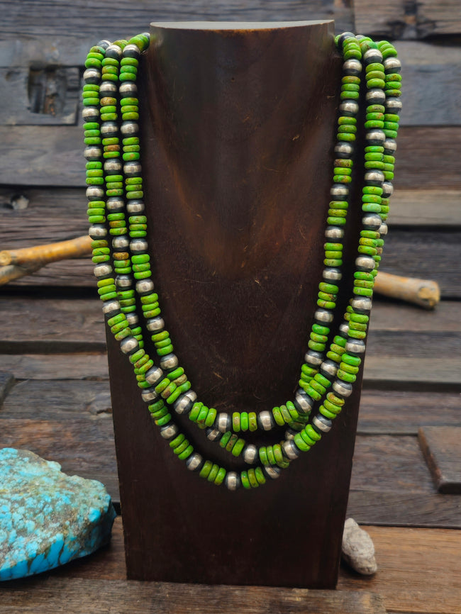 Three Strand Hubei Turquoise Heishi and Sterling Silver Bead Necklace - 22 in. plus 2 in. Extender