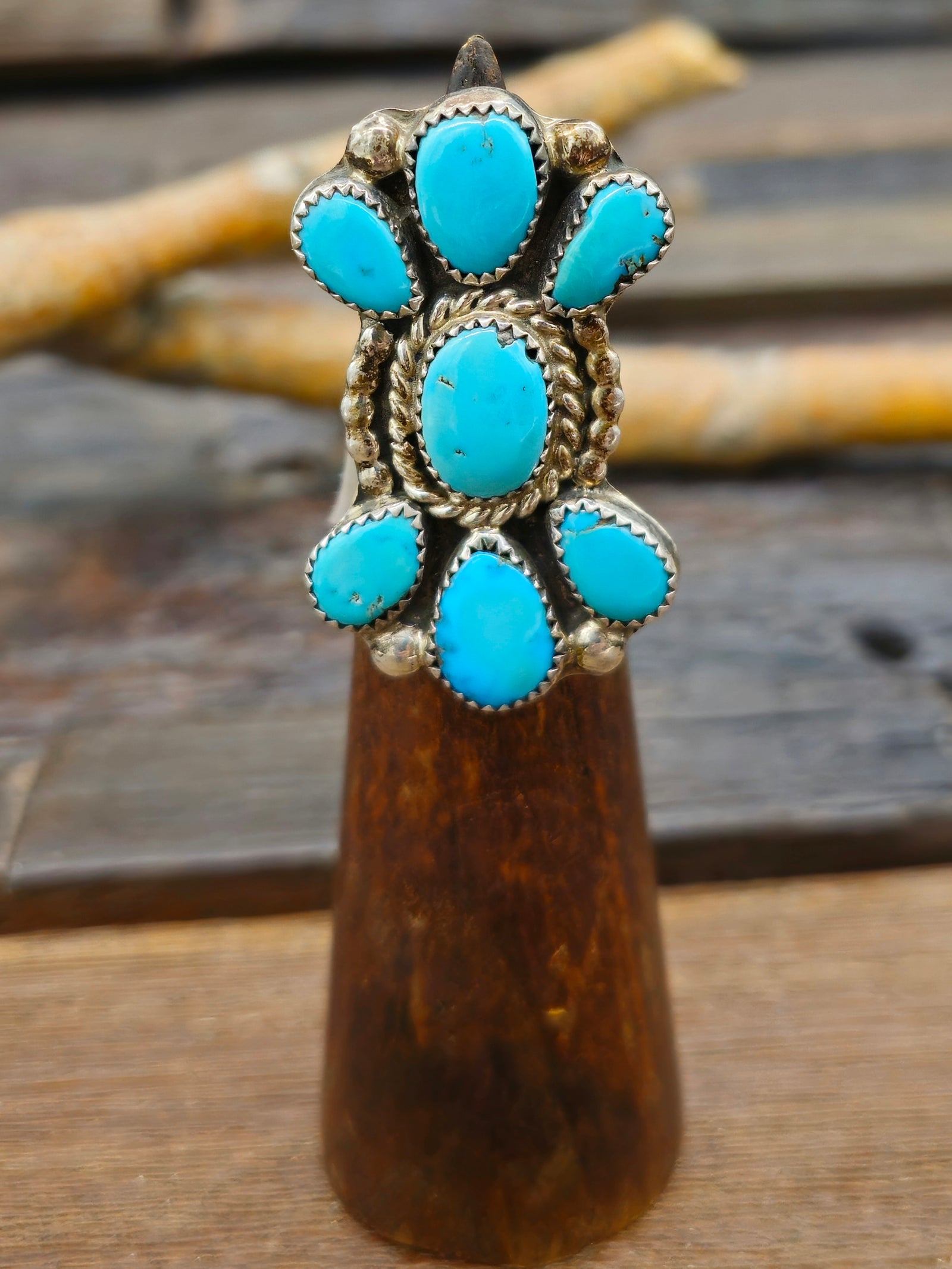 Vintage/Estate Blue Turquoise Cluster Sterling Silver Ring - Size 5