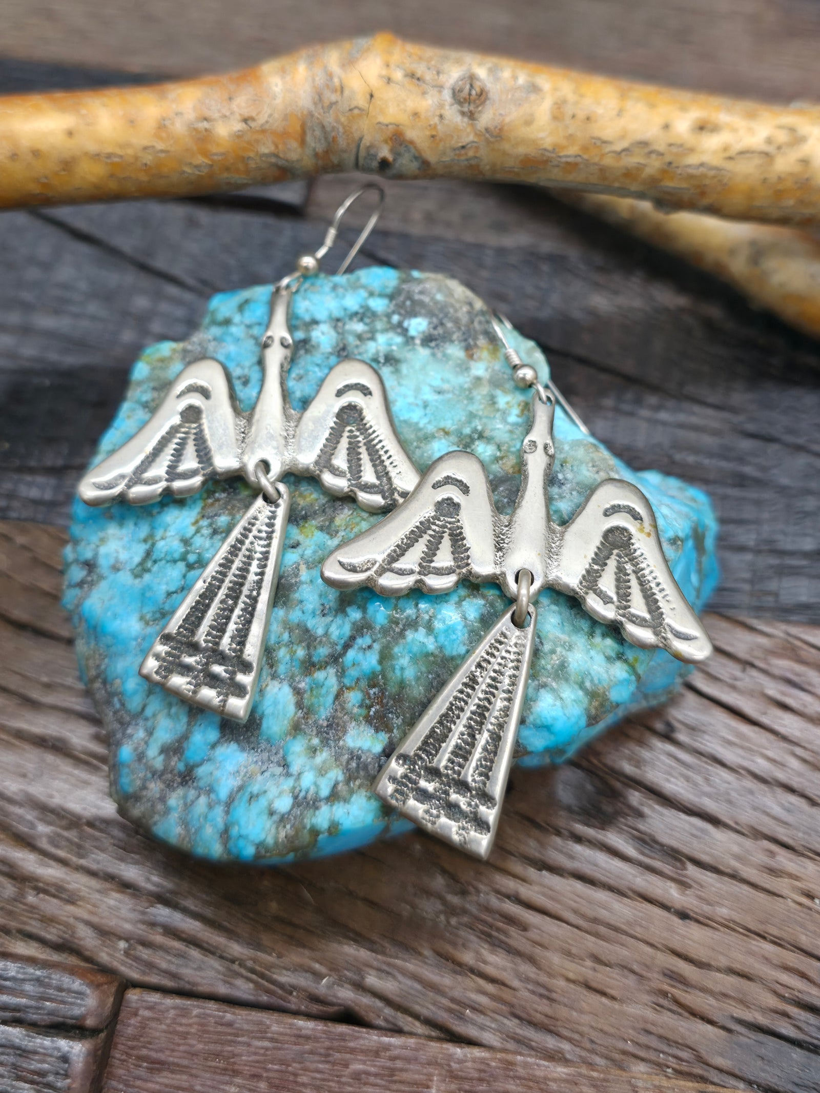 Vintage/Estate Stamped Sterling Silver Peyote Bird Earrings by Peshlaki - 3 in. by 1 3/4 in.
