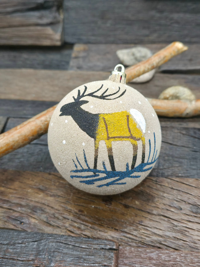 Large Sand Painting Christmas Ornament Bauble by Bingo Smith - Yellow Elk