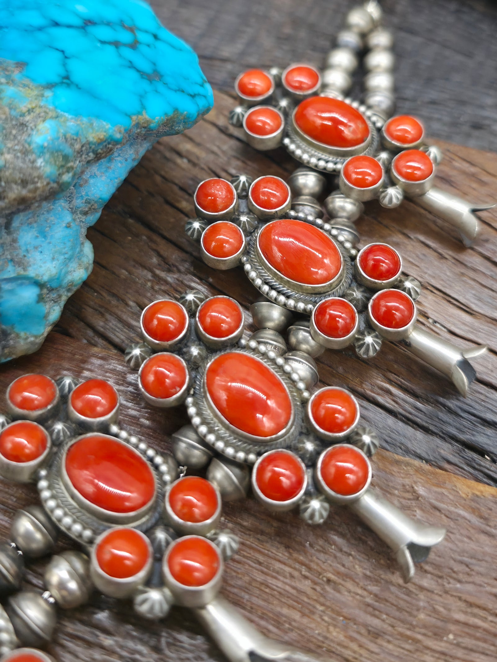 Sterling Silver Coral Squash Blossom Necklace and Earring Set by Freddy Maloney- 26 in.