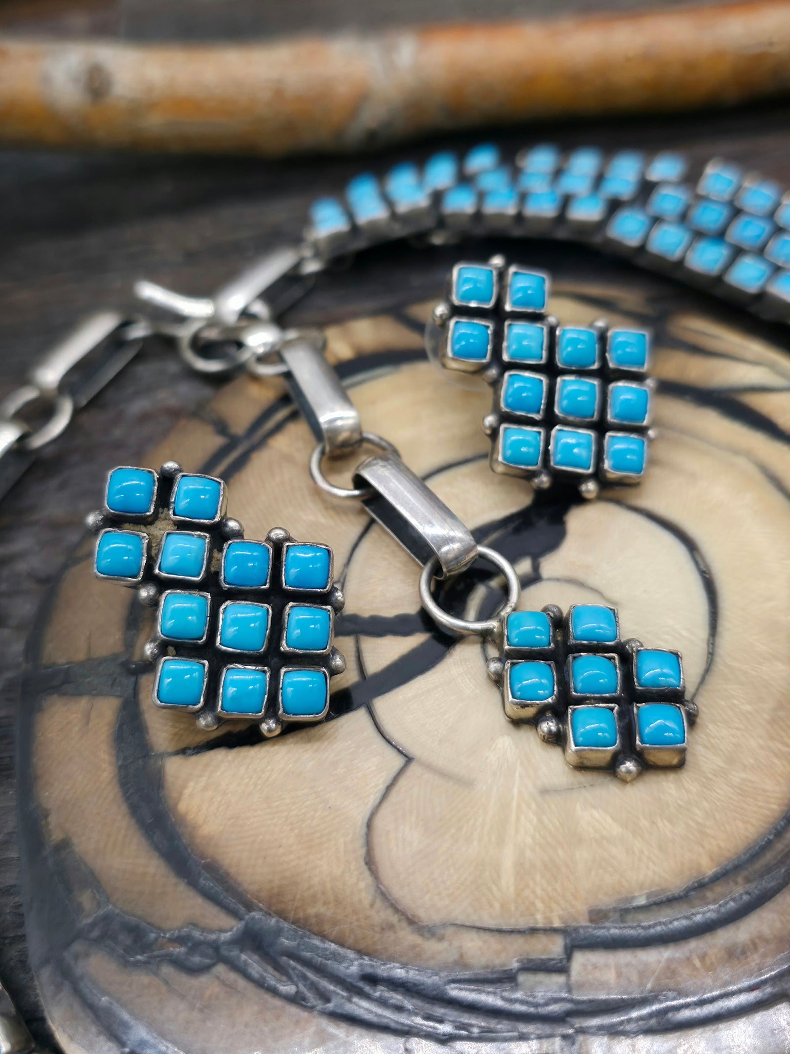 Geometric Sterling Silver Sleeping Beauty Turquoise Necklace and Earring Set by Alice Lister - 18 in.