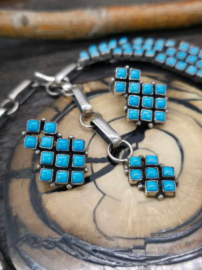Geometric Sterling Silver Sleeping Beauty Turquoise Necklace and Earring Set by Alice Lister - 18 in.