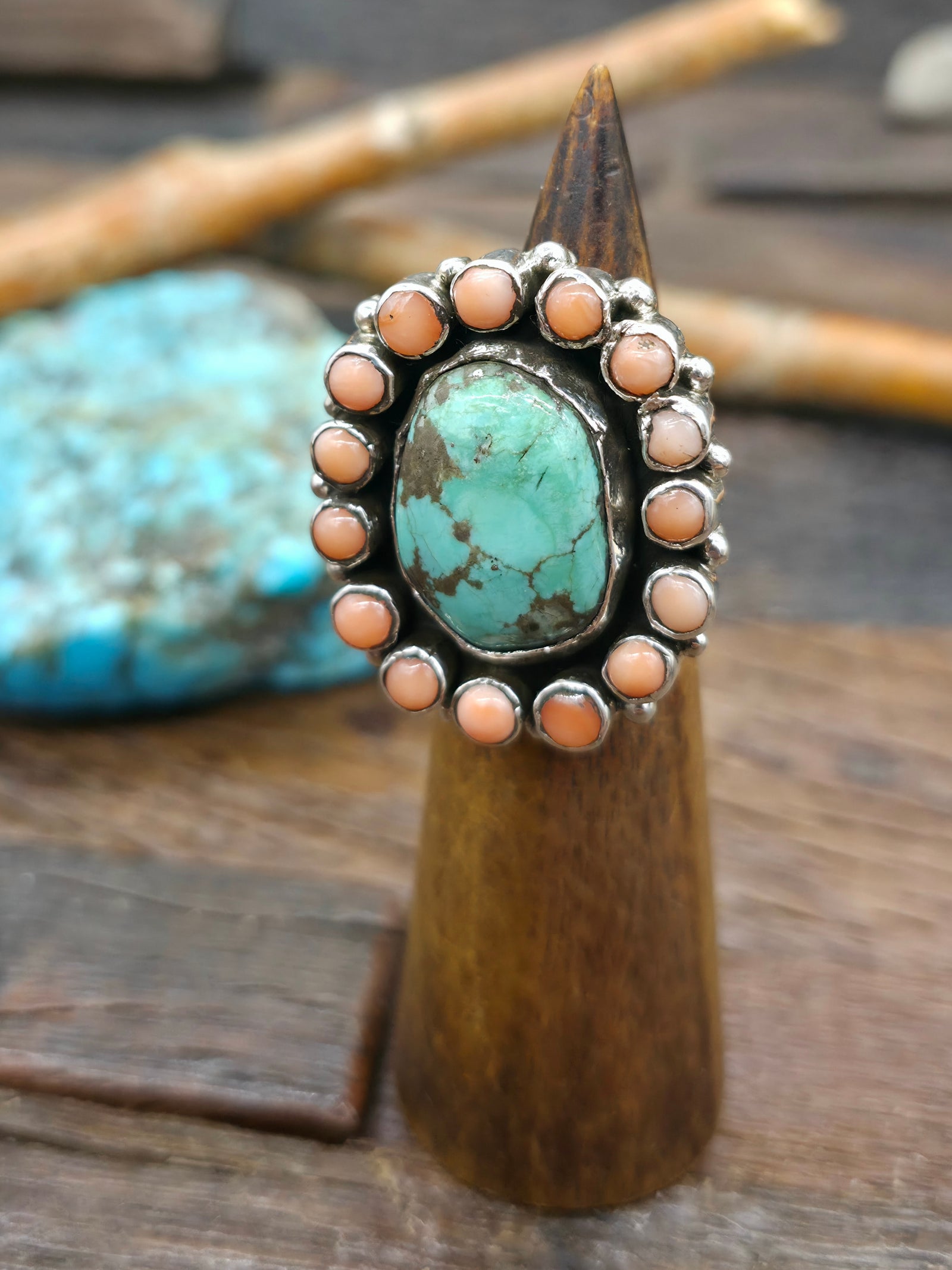 Sterling Silver Turquoise and Pink Conch Cluster Ring by Juan Guerro - Size 7