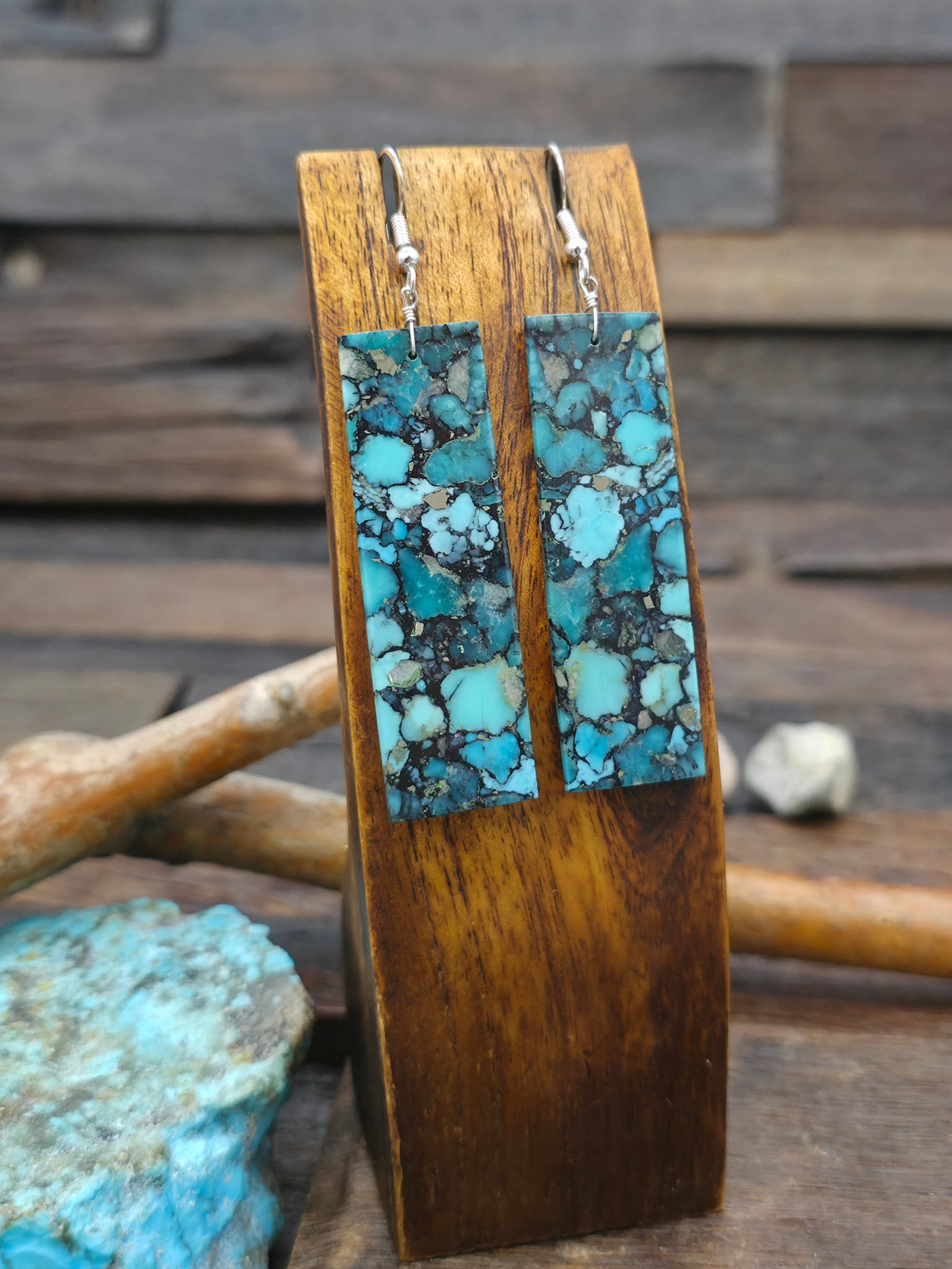 Long Dark Blue Composite Turquoise Slab Earrings by Jameson Pete - 3 1/4 in. by 5/8 in.