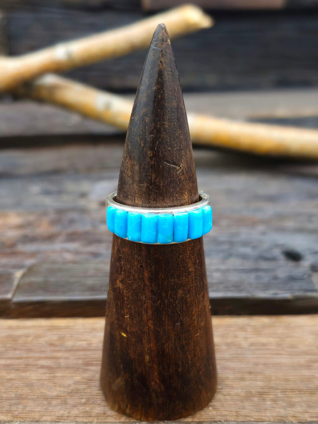 Turquoise Cobblestone Inlay Sterling Silver Ring by Albert Topaha - Size 12