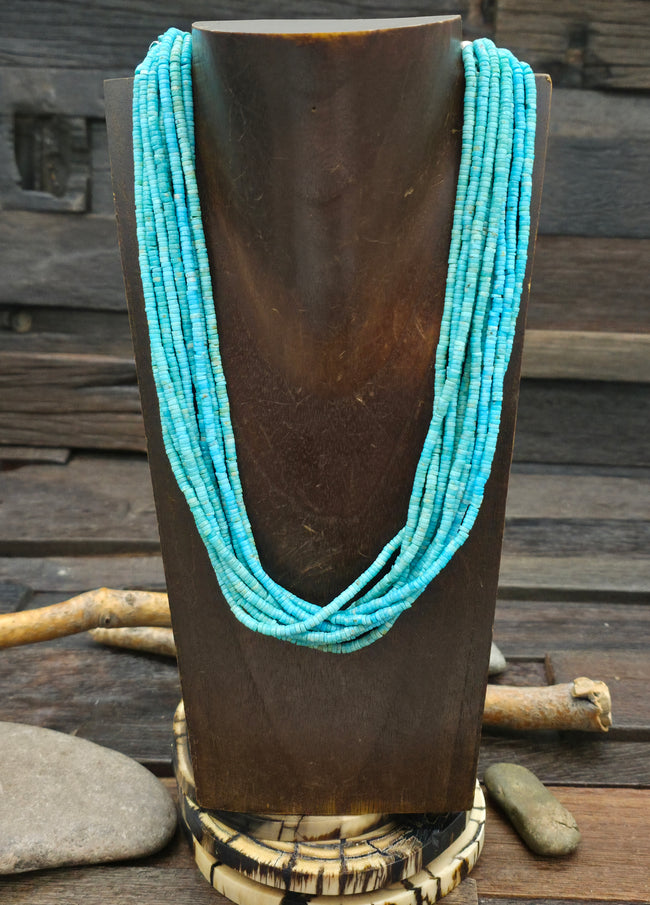 10 Strand Turquoise Heishi Necklace by Fred Archuleta - 18in w/6 in Extender