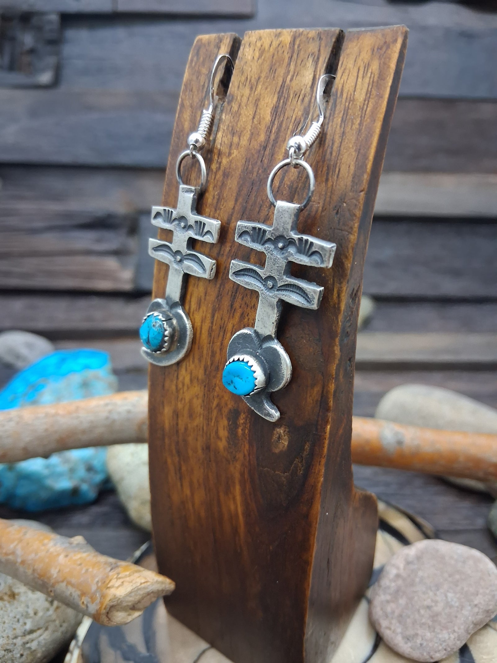 Sterling Silver Dragonfly Cross with turquoise cabochon Earrings by Eva & Lindberg Billah