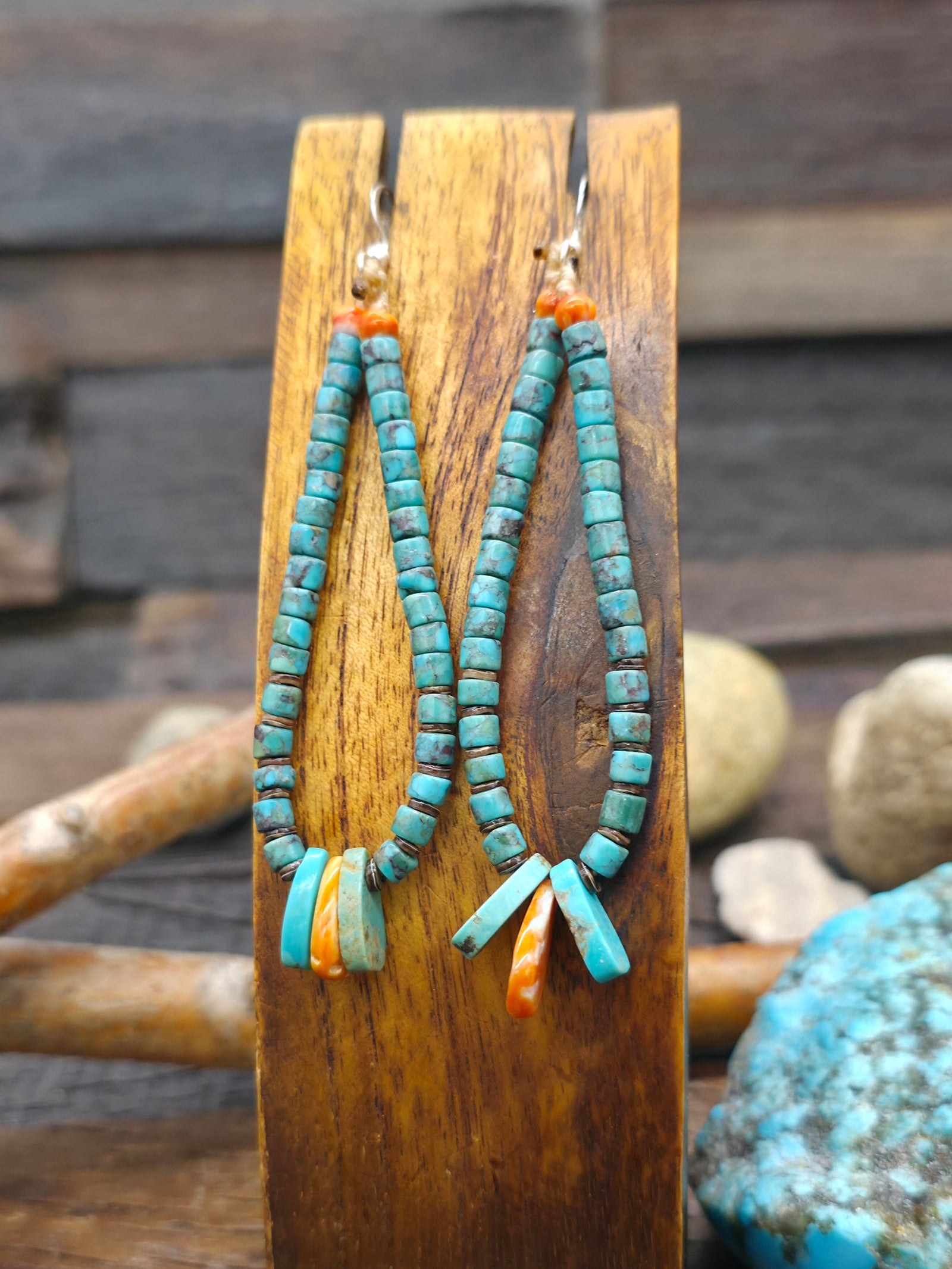 Blue Turquoise Heishi and Spiny Oyster Jacla Earrings by Robert Coriz - 3 1/2 in. by 5/8 in.