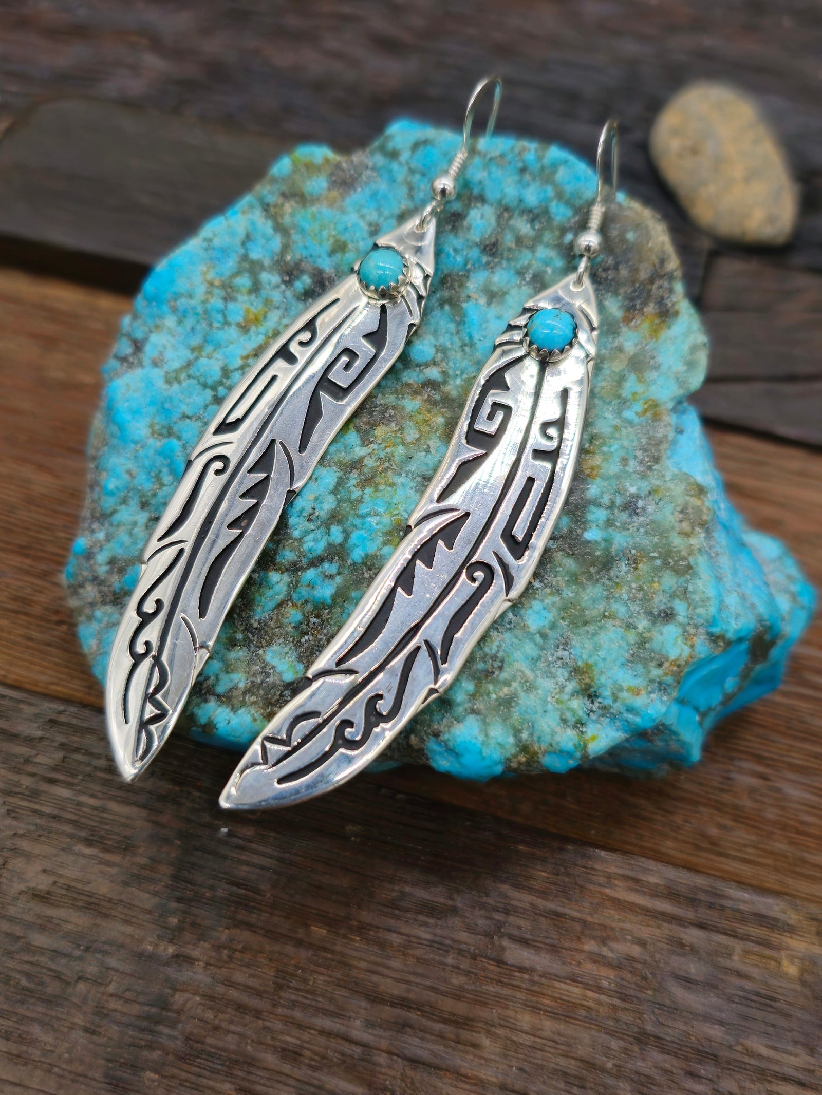 Sterling Silver Overlay Turquoise Feather Earrings by Rose Singer