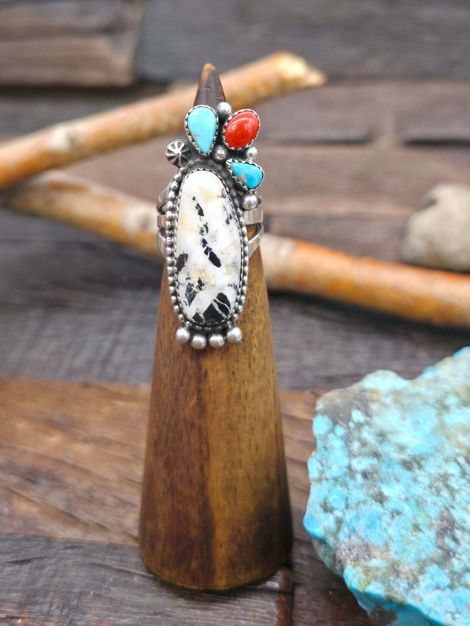 White Buffalo, Coral, and Turquoise Ring by Rosella Paxson - Size 7