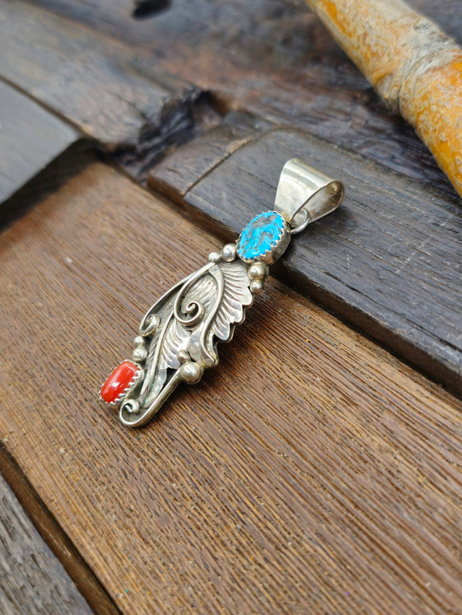 Turquoise and Coral Pendant with Sterling Silver Leaf by Julia Etsitty