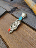 Turquoise and Coral Pendant with Sterling Silver Leaf by Julia Etsitty