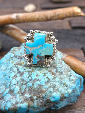 Stamped Sterling Silver Kingman Turquoise Ring by G. Hale - Size 12.5