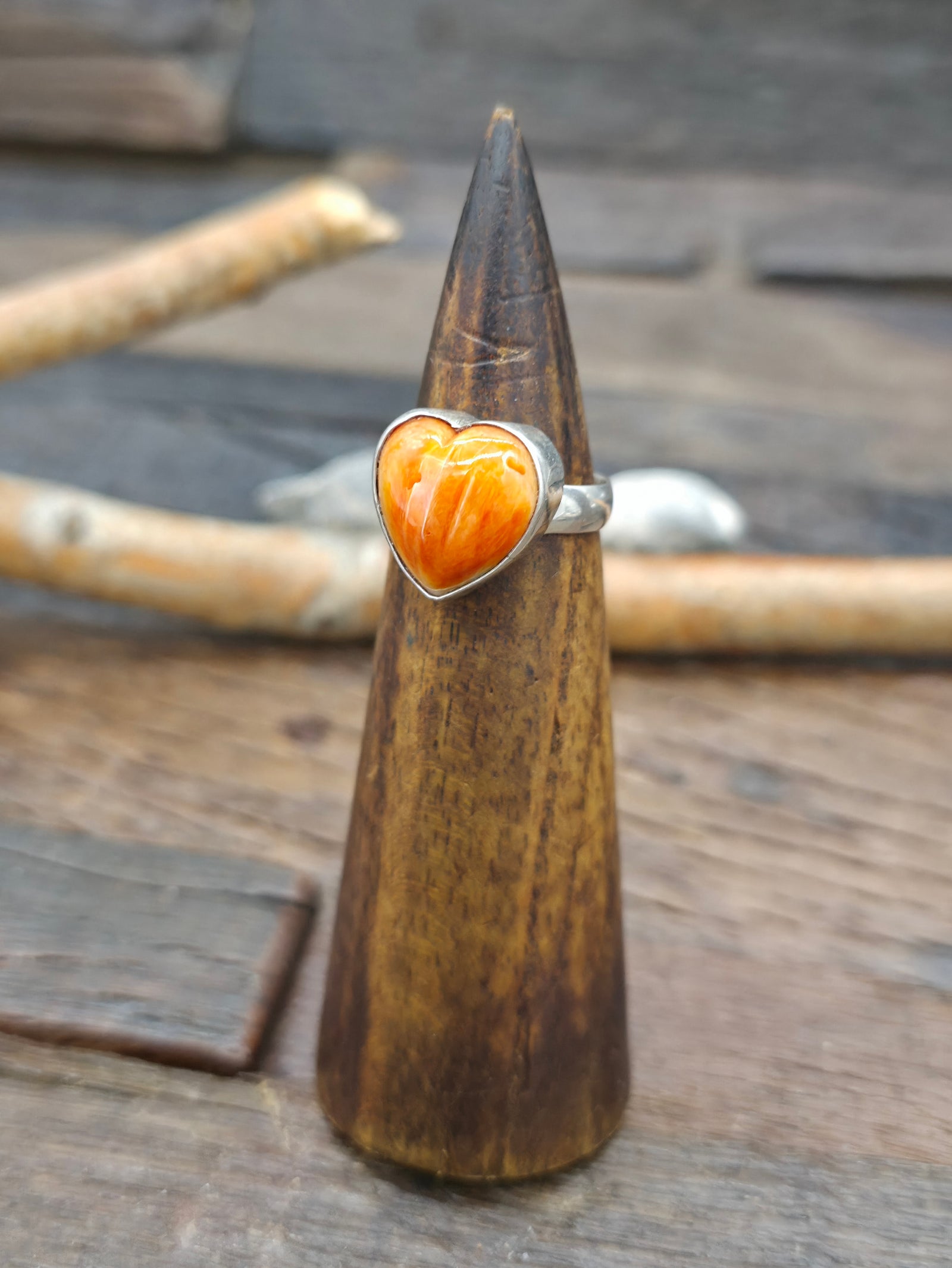 Orange Spiny Oyster Heart Ring by Priscilla Smith - Size 8