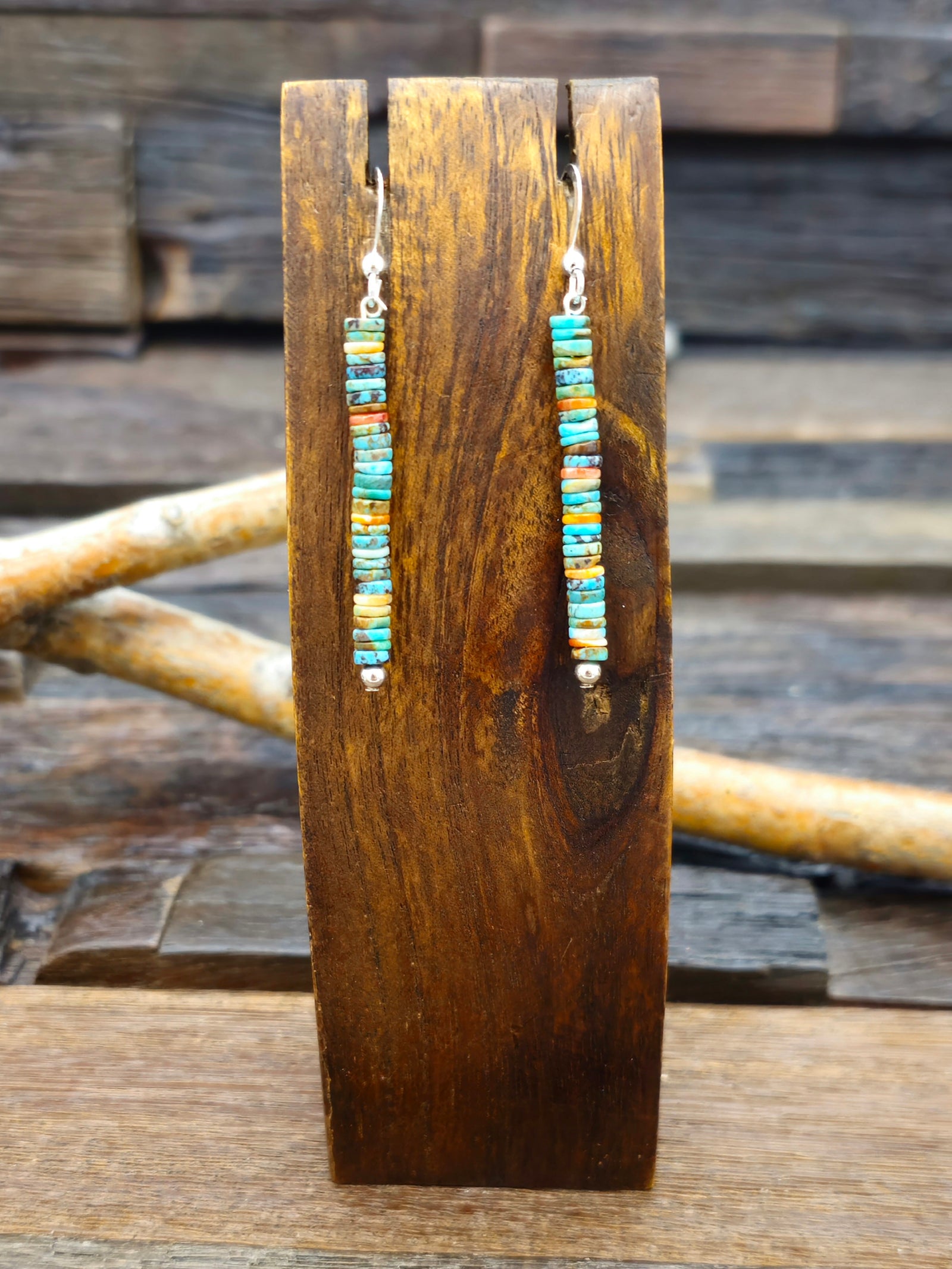 Green Turquoise and Spiny Oyster Stone Bead Earrings - 2 1/4 in