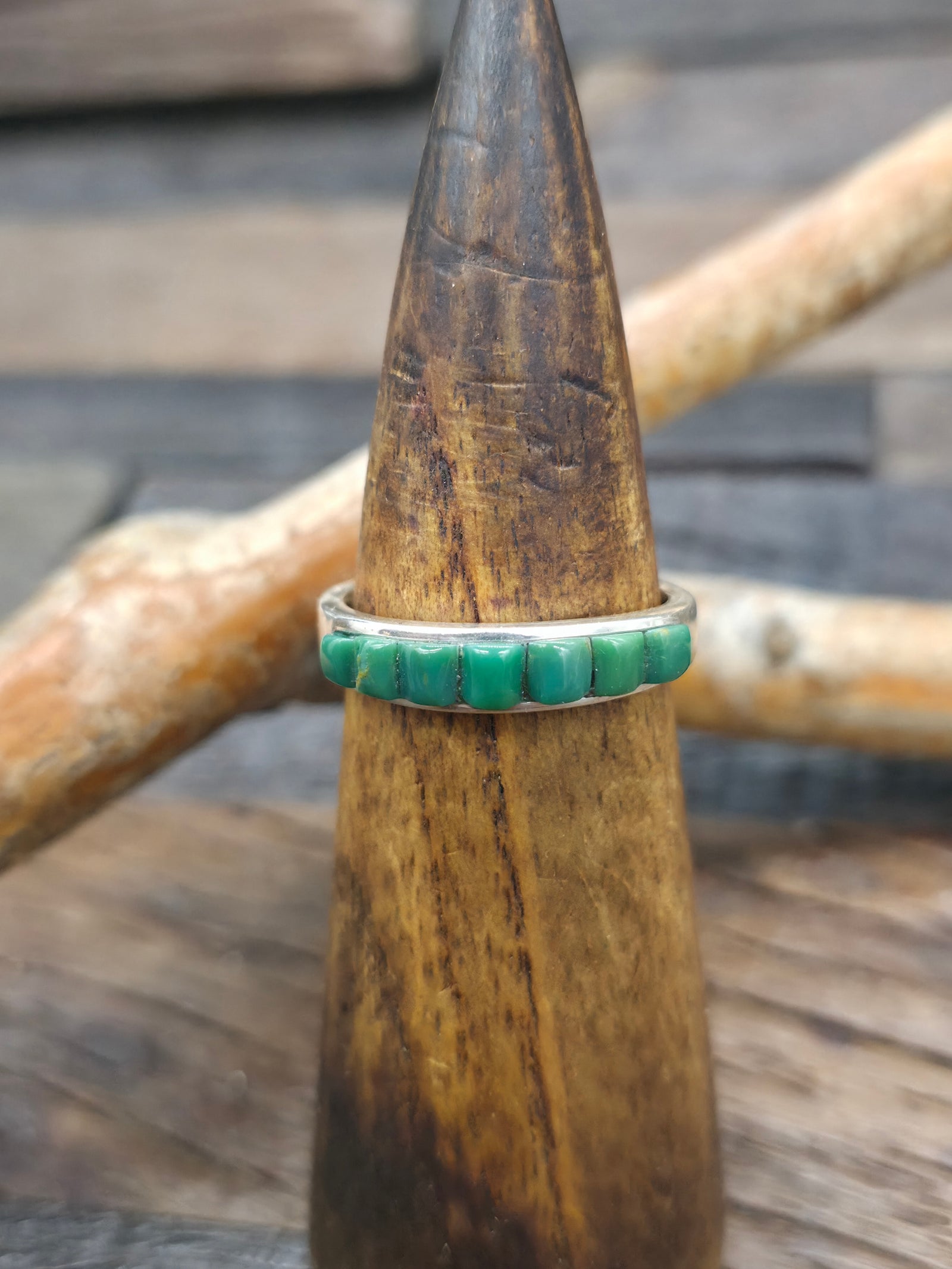 Sterling Silver Green Turquoise Cobblestone Inlay Ring by Albert Topaha - Size 12