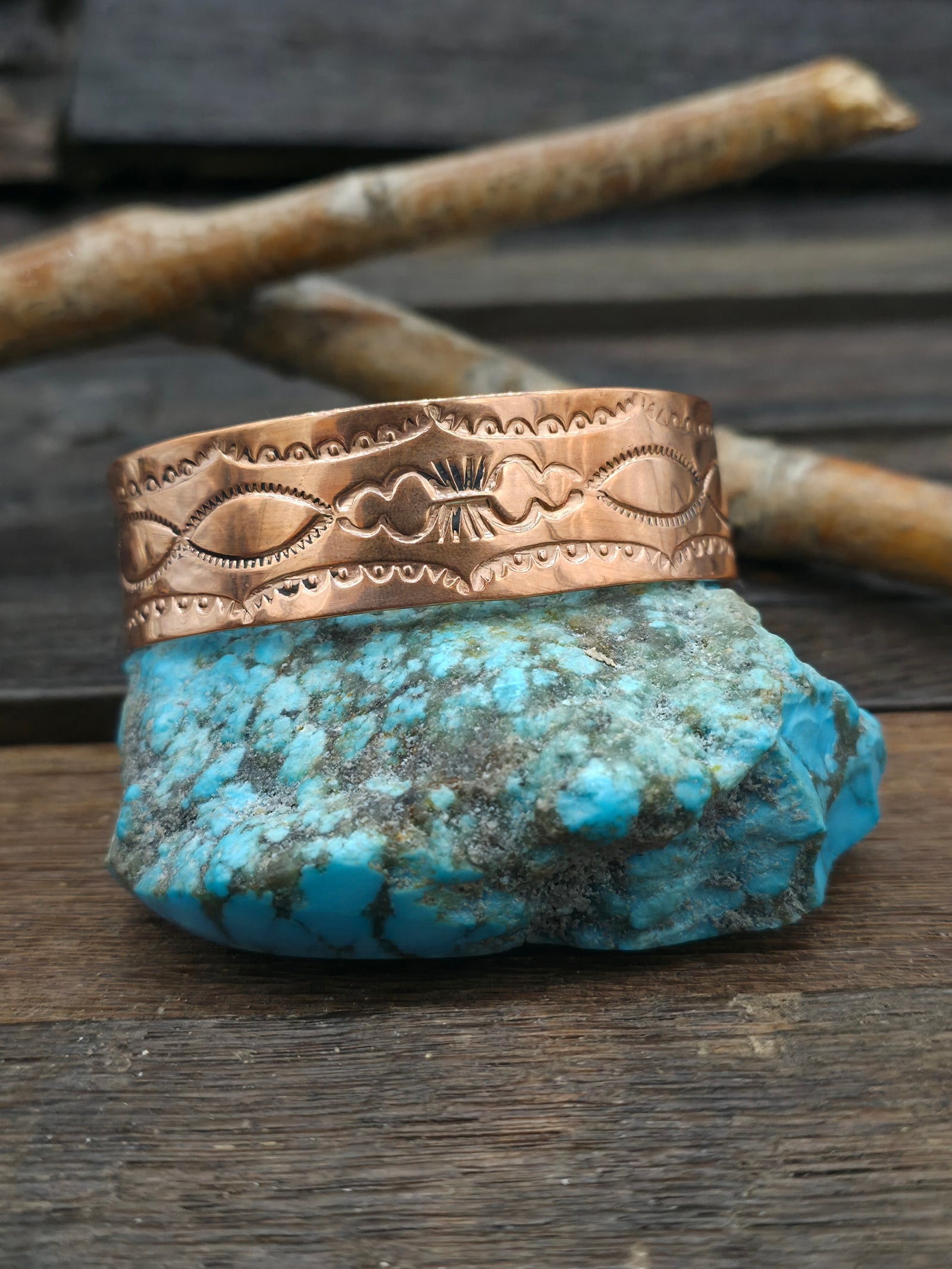 Stamped Copper Cuff by Elaine Tahe - Ovals and Prongs Design - 7 1/8 in. w/gap