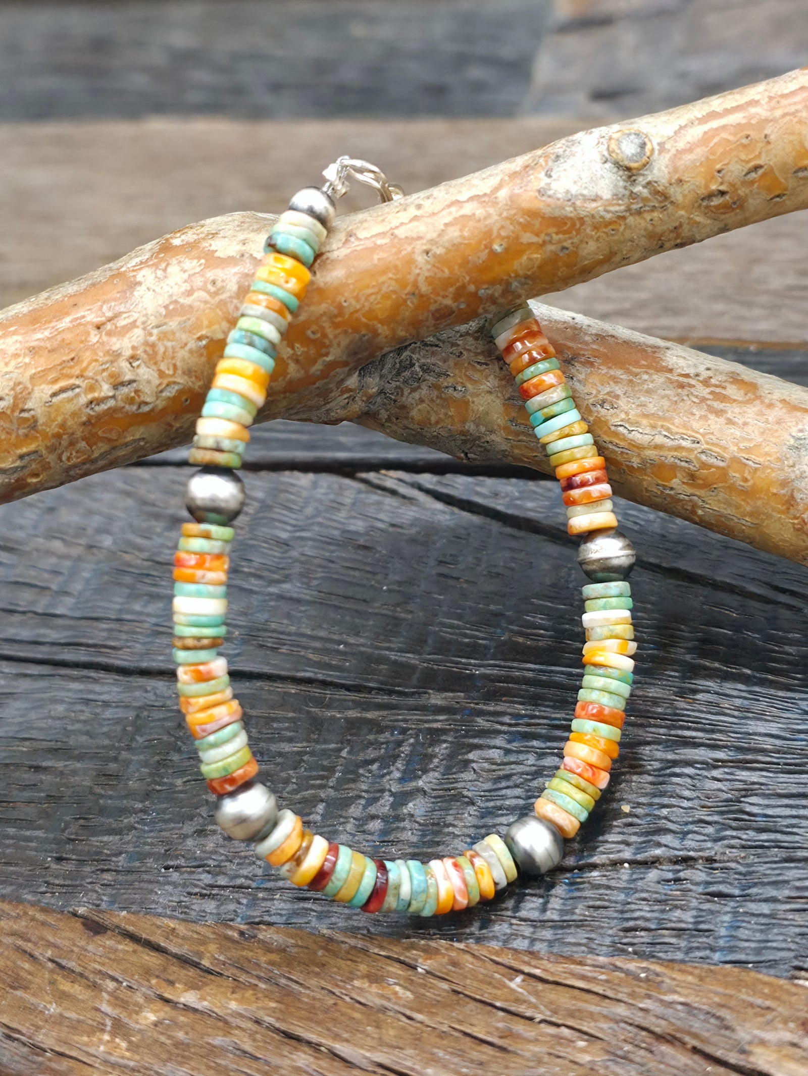 Turquoise, Spiny Oyster, and Sterling Silver Bead Bracelet - 6 1/2 in.