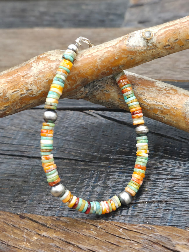 Turquoise, Spiny Oyster, and Sterling Silver Bead Bracelet - 6 1/2 in.
