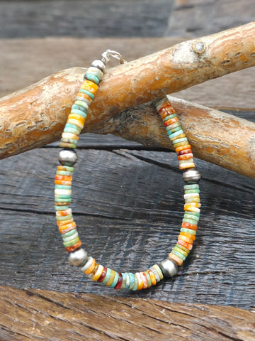 Green Barrel Bead Turquoise and Sterling Silver Bracelet - 8 in.