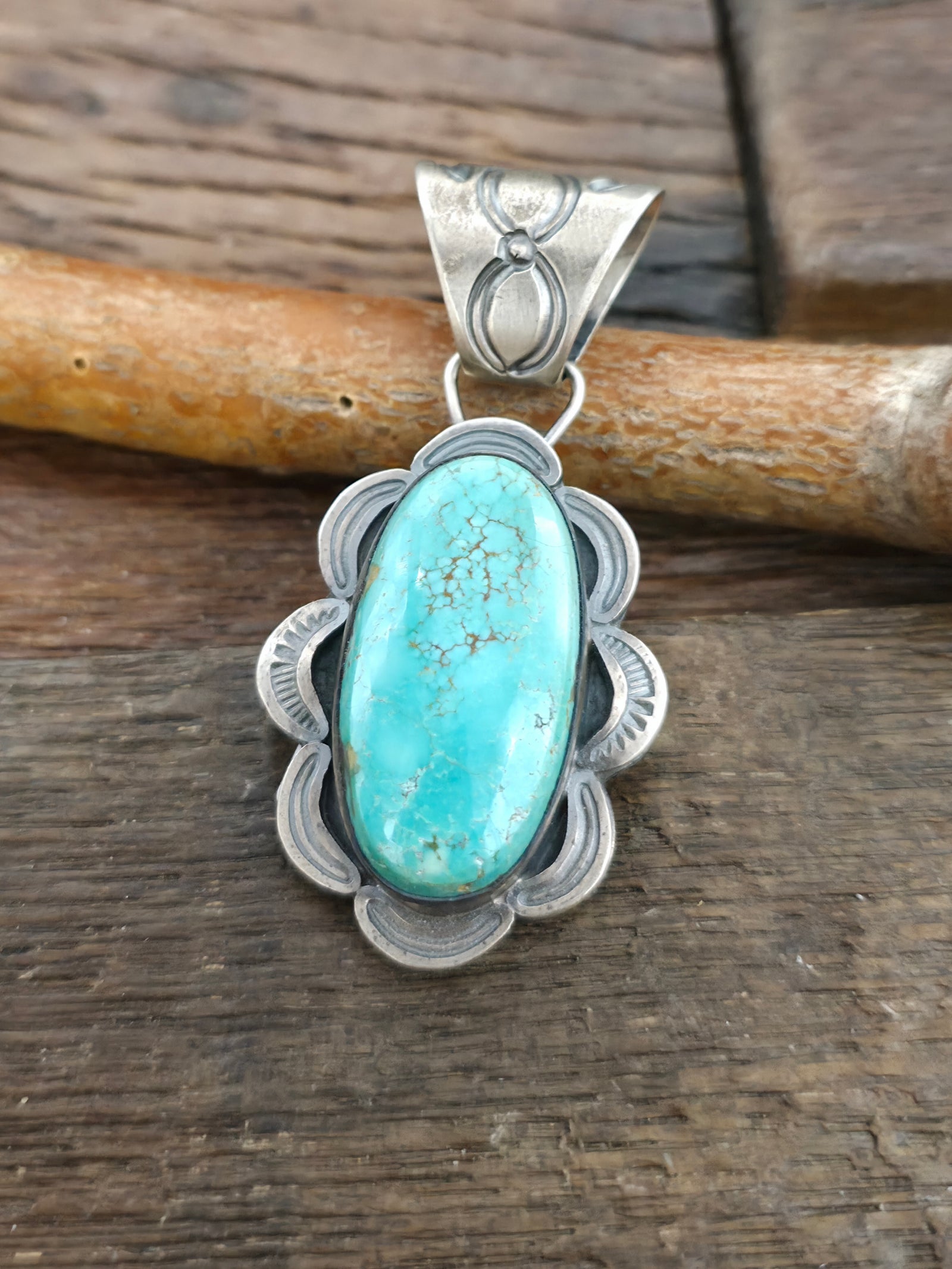 Stamped Sterling Silver Turquoise Oval Pendant by Jeff Lucio