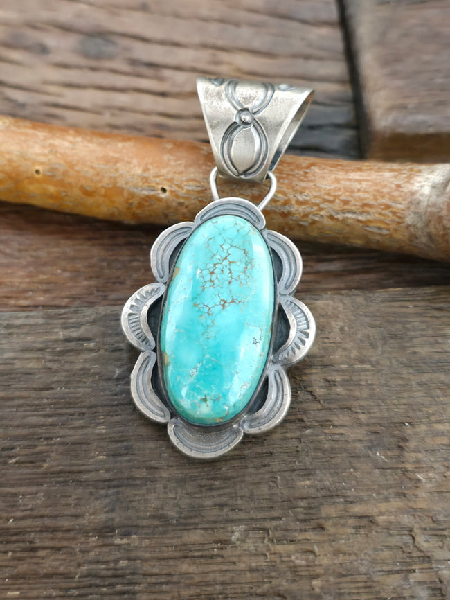 Stamped Sterling Silver Turquoise Oval Pendant by Jeff Lucio
