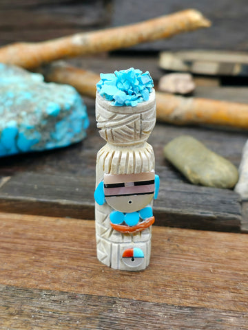 Mini Multi-Animal Zuni Fetish Necklace with Central Turquoise Bird by Hector Goodluck - 26 in.