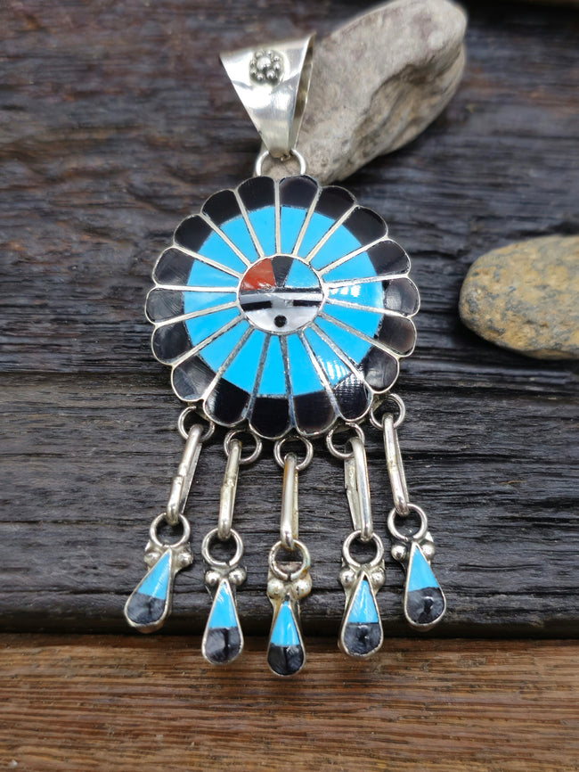 Turquoise, Coral, Mother of Pearl Inlay Sun Face Pendant with Dangles by Burdain Soseeah