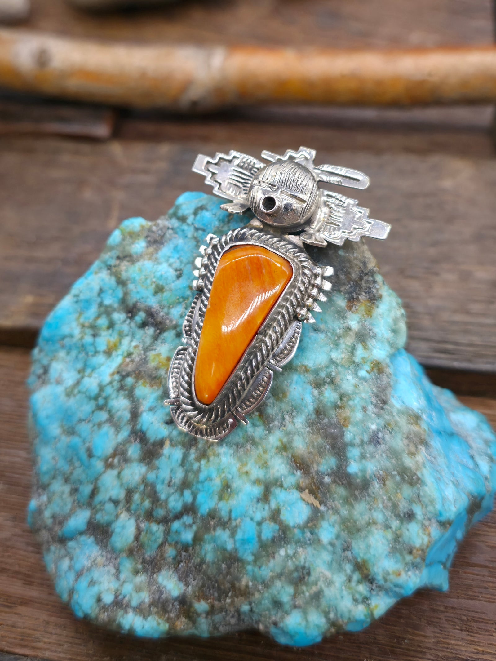 Orange Spiny Sterling Silver Kachina Pendant by Bennie Ration - 2 in. by 1 1/4 in.