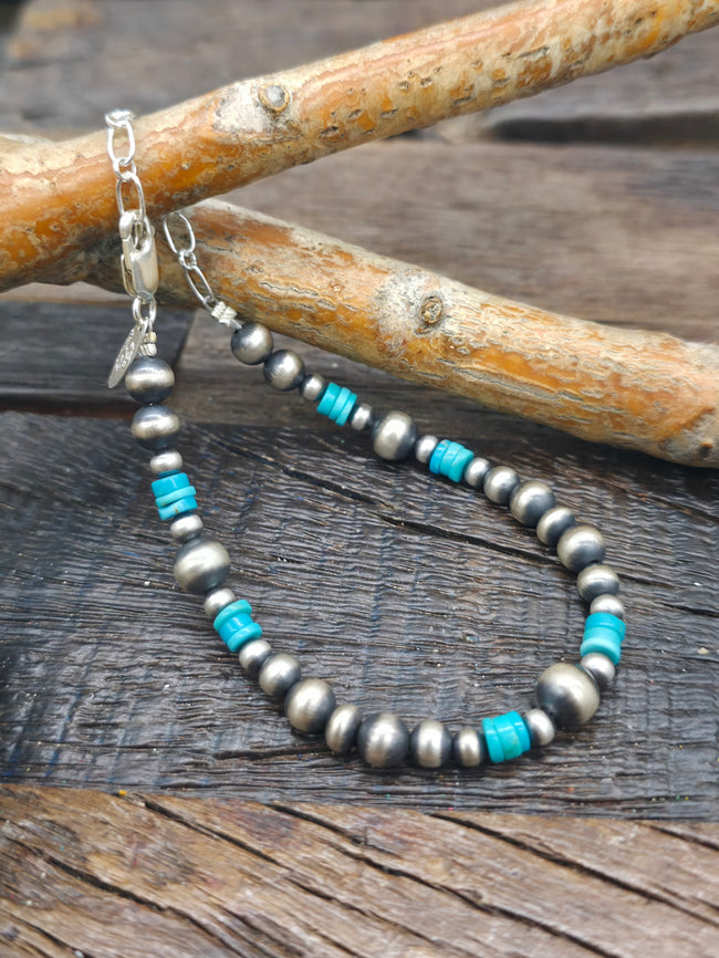 Sterling Silver and Turquoise Bead Bracelet by Lucinda Sardo - 7 in. plus 2 in. Extender