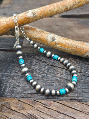 Fluted Mixed Bead Sterling Silver Bracelet with Squash Blossom Charm - 8 in.