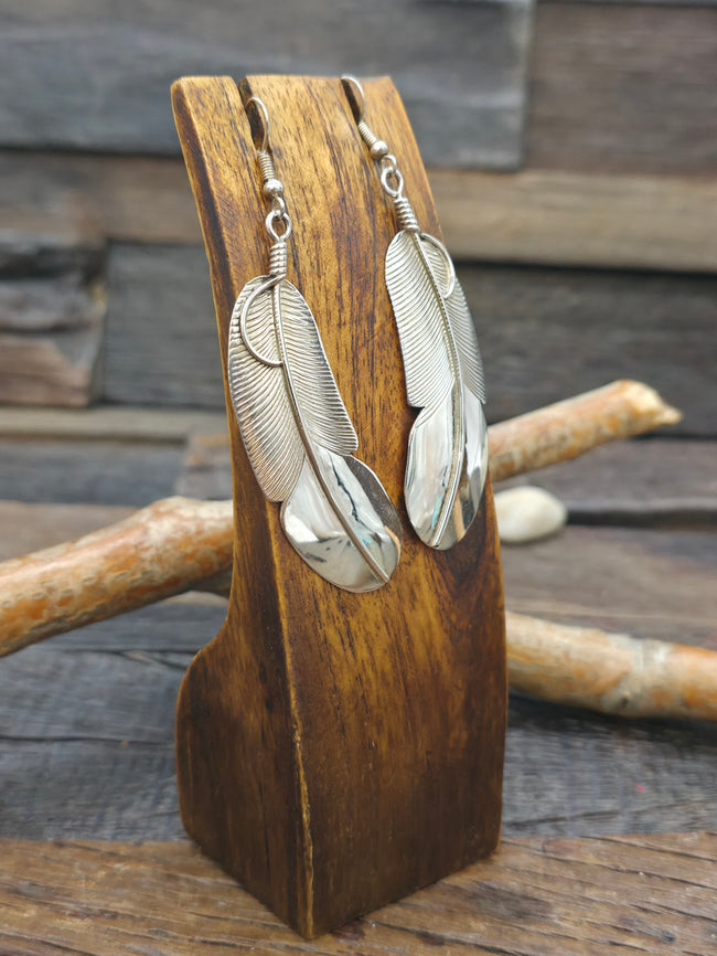 High Shine Sterling Silver Feather Earrings by Chester Charley