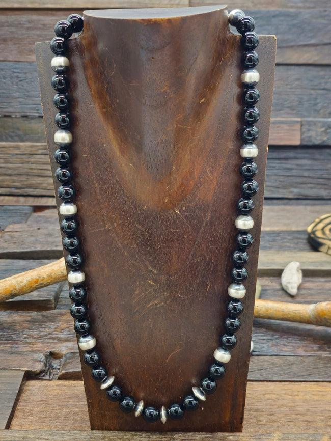 Sterling Silver and Black Onyx Bead Necklace by Fred Archuleta - 24 in.