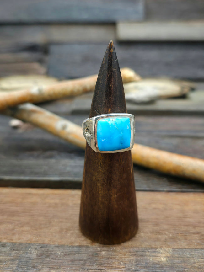 Kingman Turquoise Sterling Silver Zia Ring - Size 10 1/2