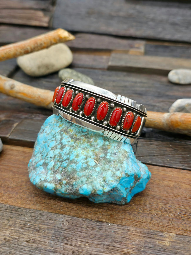 Vintage/Estate Sterling Silver Coral Row Cuff - 6 1/2 in.