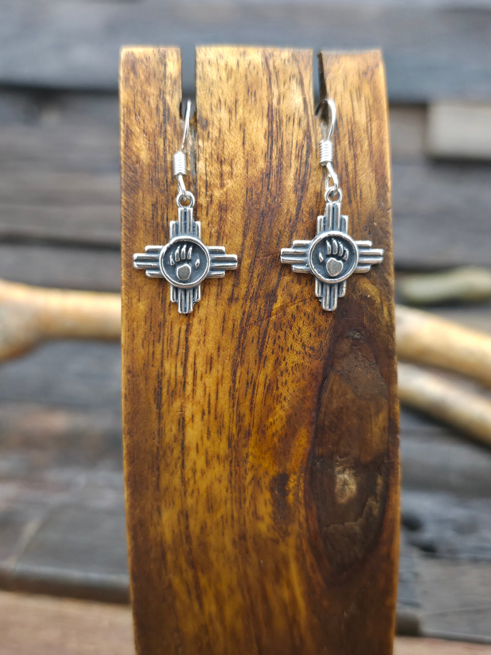 Sterling Silver Turquoise Hand Print Zia Symbol Dangle Earrings NON NATIVE MADE