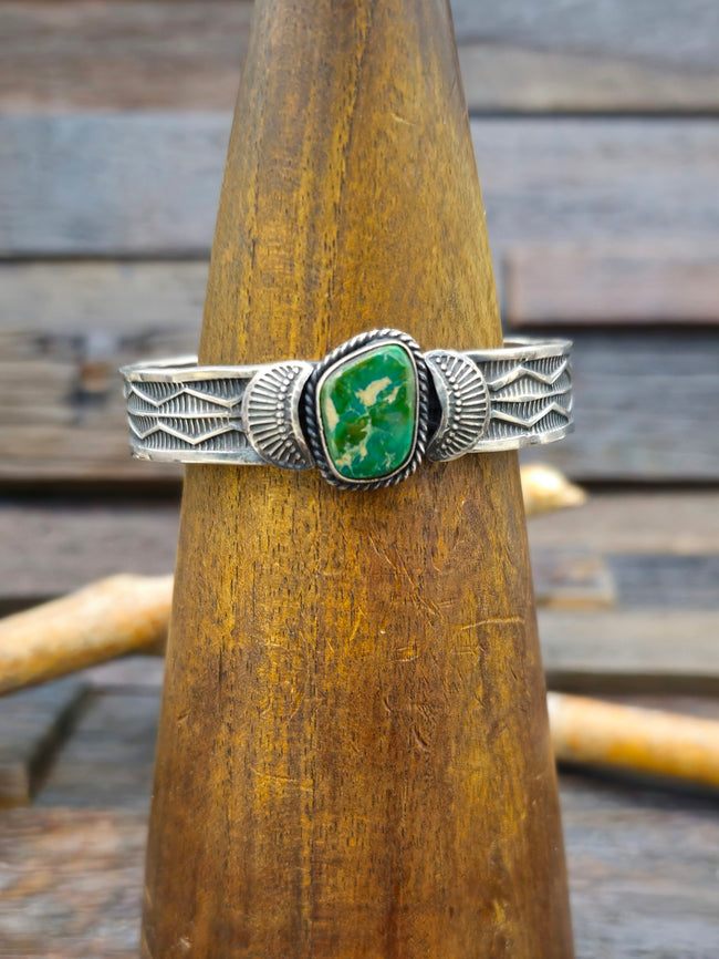 Stamped Sterling Silver Turquoise Cuff by Sunshine Reeves - 6 in.