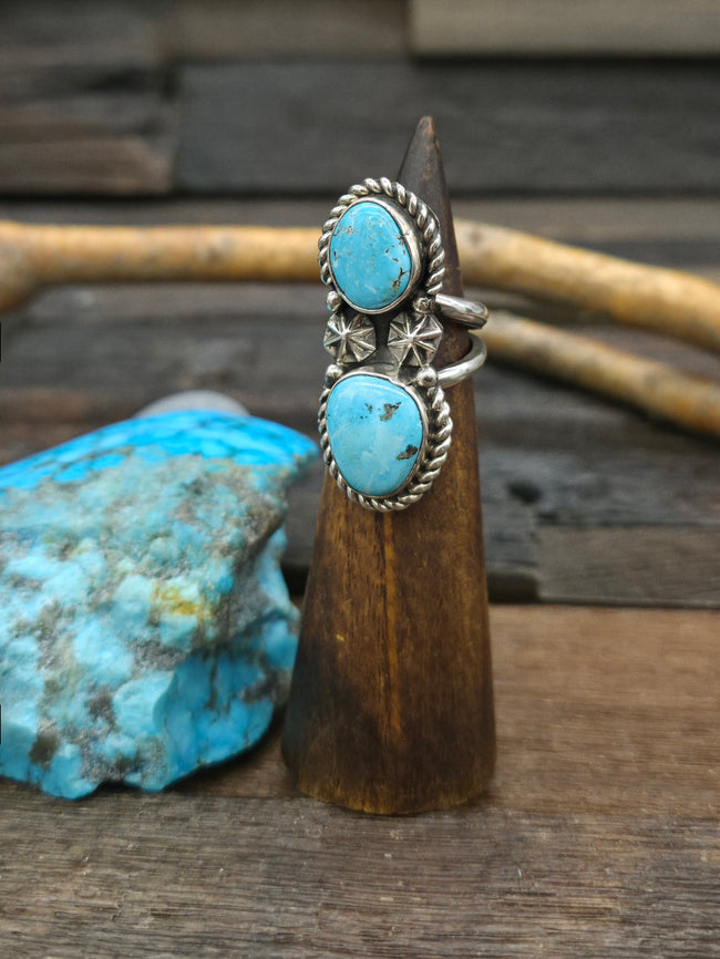 Blue Turquoise Two Stone Ring by James Toadlena - Adjustsble