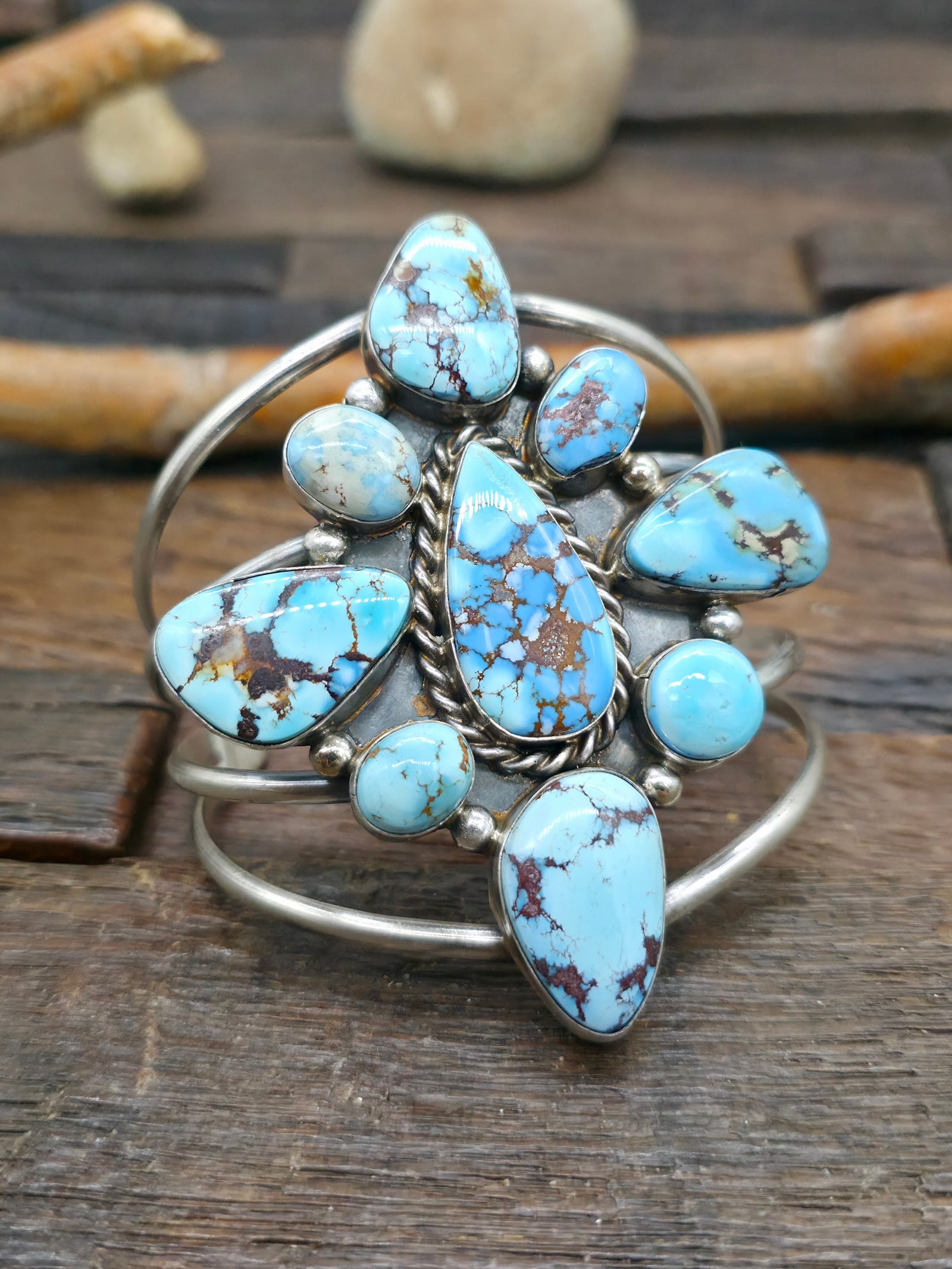 Sterling Silver Golden Hill Turquoise Cluster Bracelet by "WD" - 7 in. with Gap