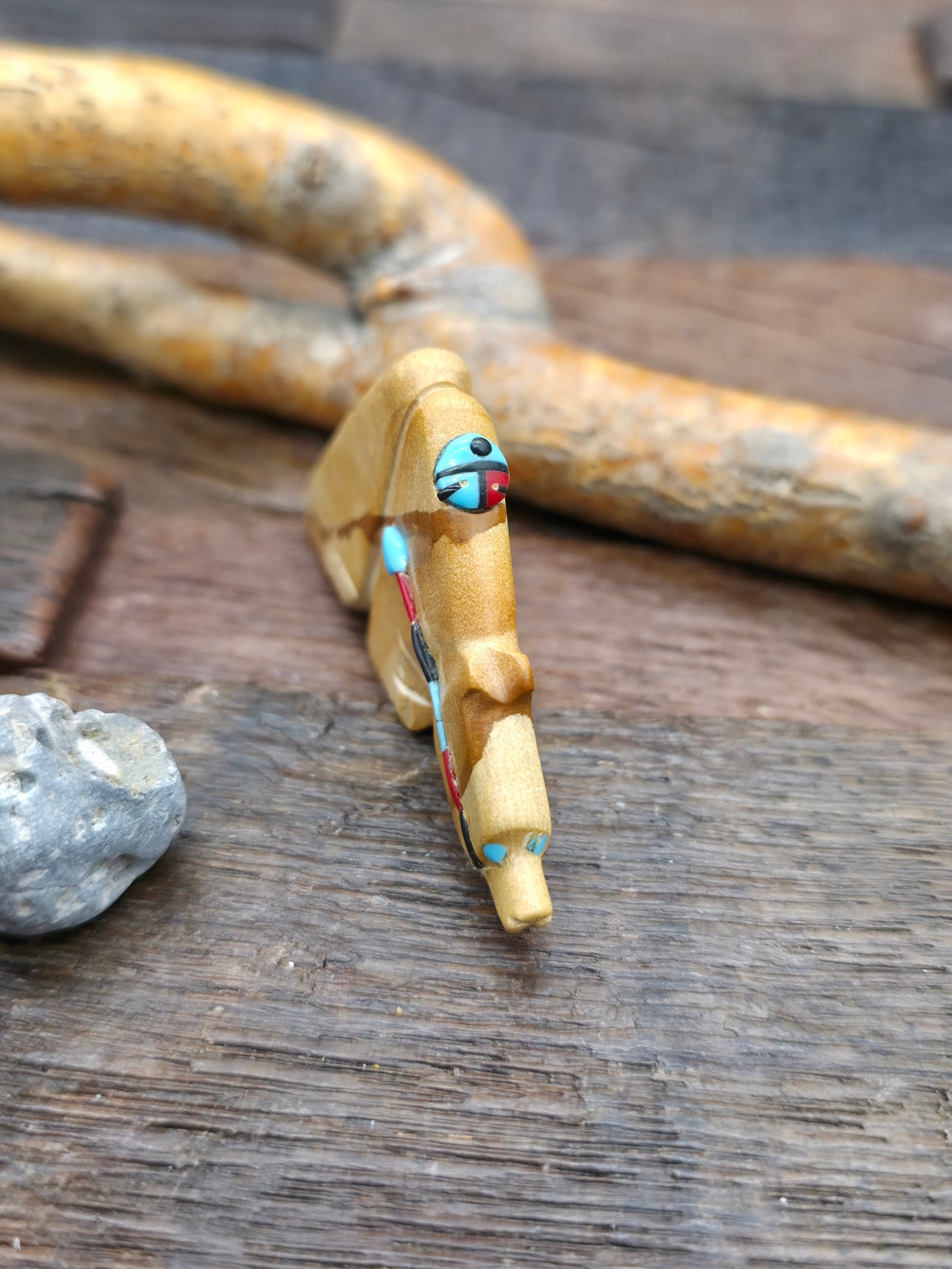 Hand Carved Bear Fetish with Turquoise, Coral, and Jet Inlay by Danette Laate