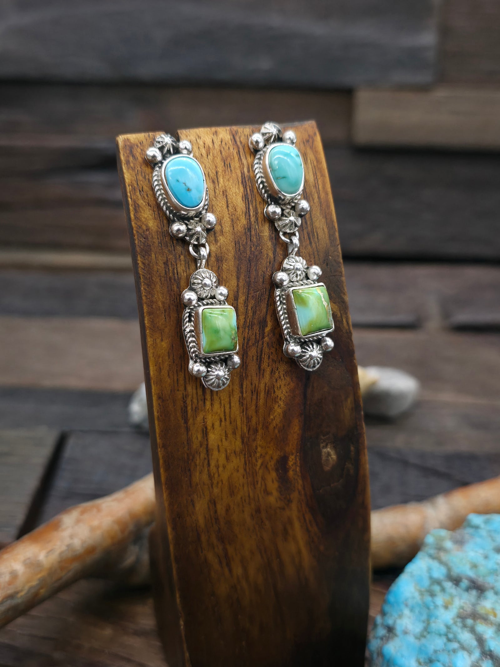 Sonoran Gold and Candelaria Turquoise Post Dangle Earrings by Rosella Paxton