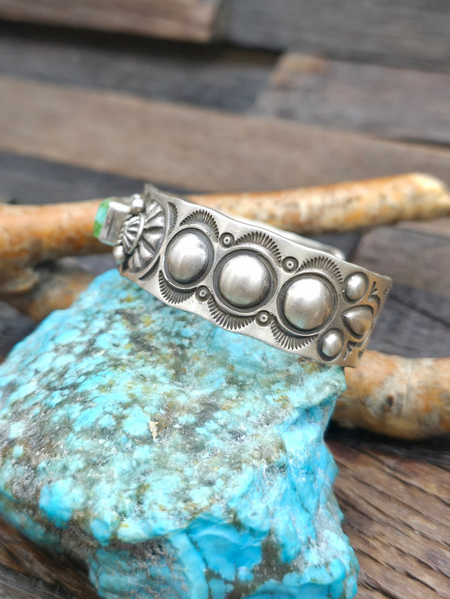 Stamped Sterling Silver and Sonoran Turquoise Cuff by Dean Sandoval - 6 1/2 in. with Gap