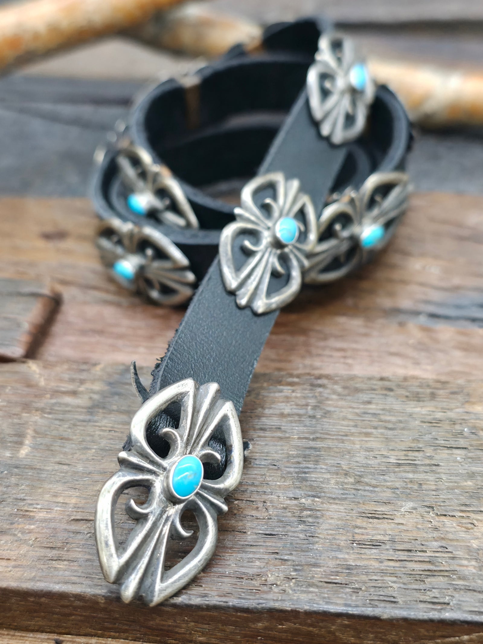 Black Leather Hat Band with Oxidized Sterling Silver and Turquoise Conchos - 30 in.