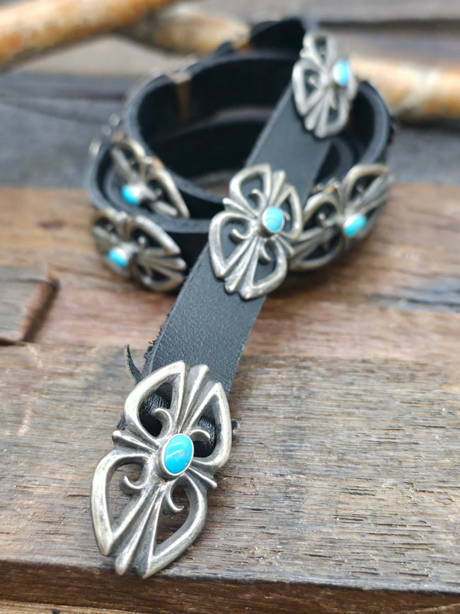 Black Leather Hat Band with Oxidized Sterling Silver and Turquoise Conchos - 30 in.